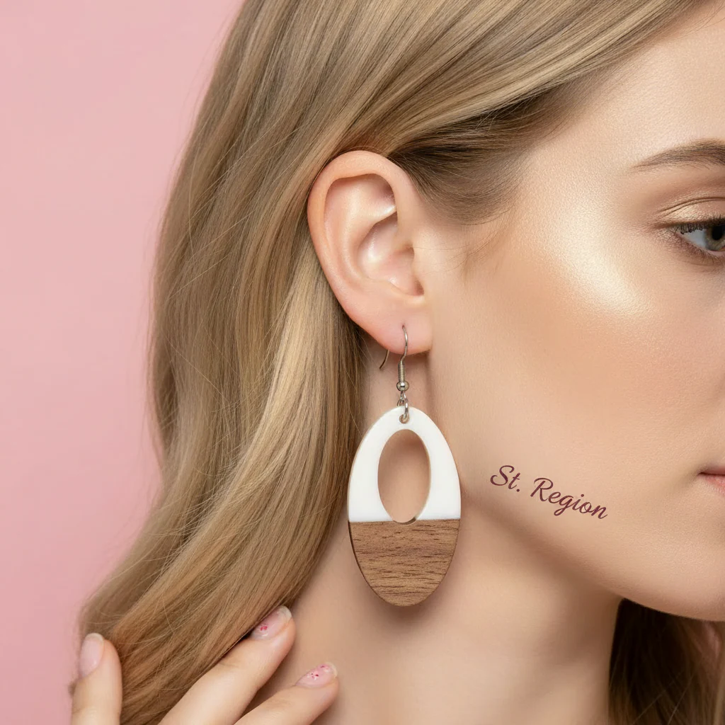 White Resin & Wood Silvertone Open Oval Hook Earrings - Image 5