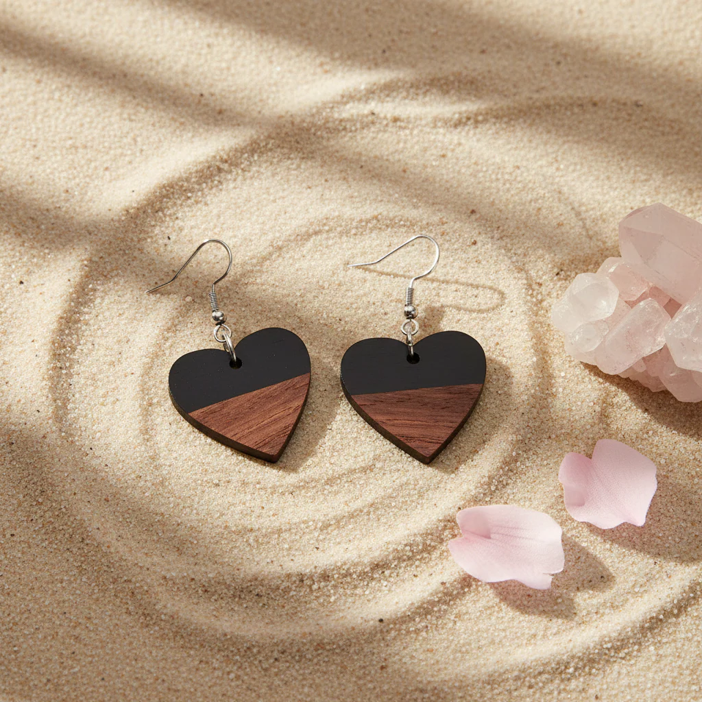 Black Resin & Wood Silvertone Heart Hook Earrings - Image 4