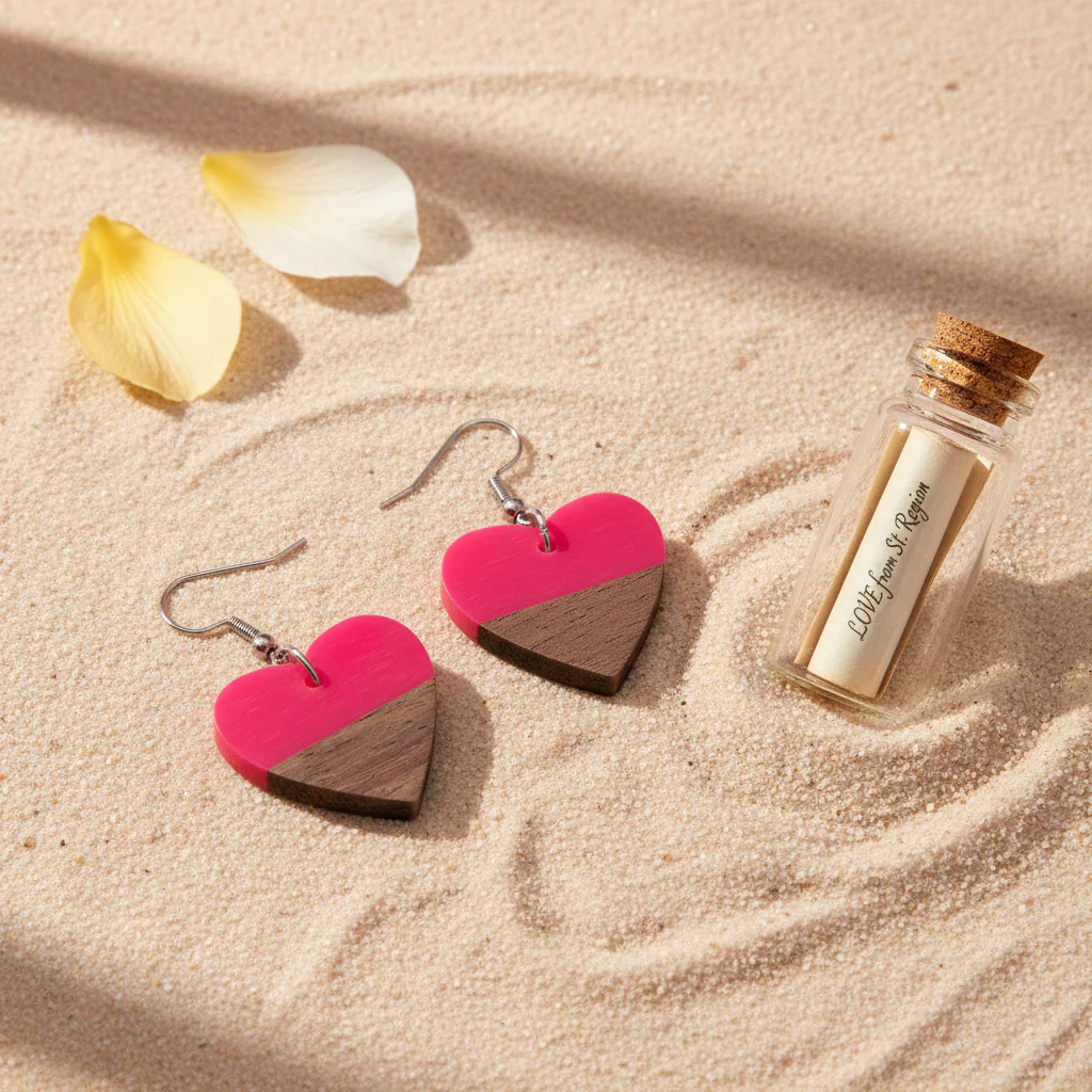 Rose Resin & Wood Silvertone Heart Hook Earrings - Image 2