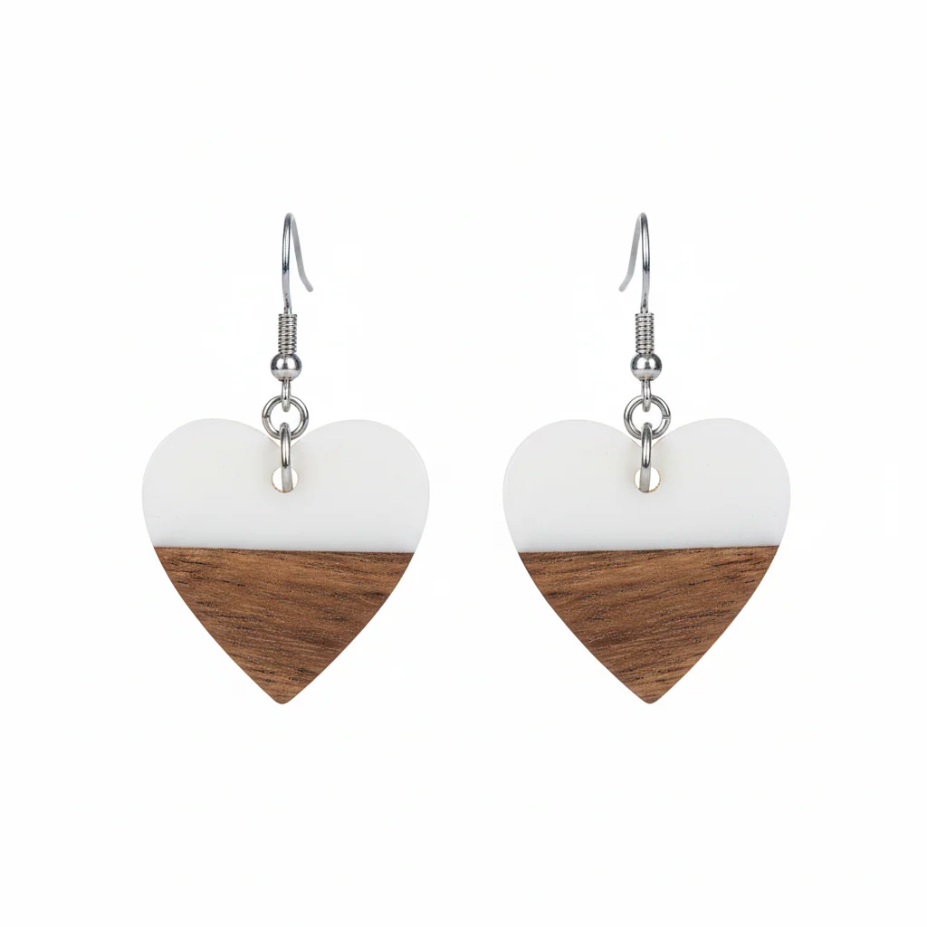 White Resin & Wood Silvertone Heart Hook Earrings