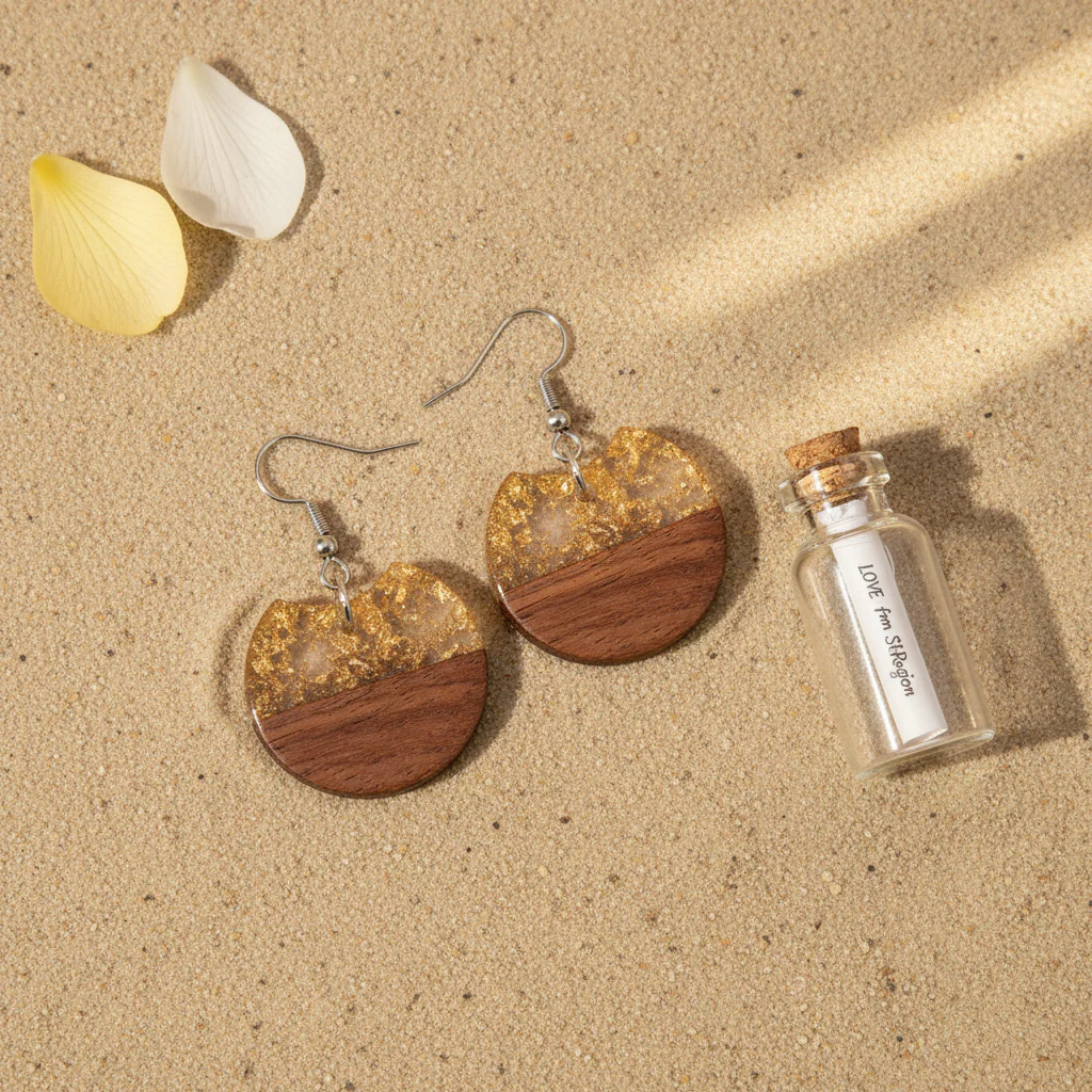 Clear Resin & Wood Silvertone Gold Foil Circular Hook Earrings - Image 2
