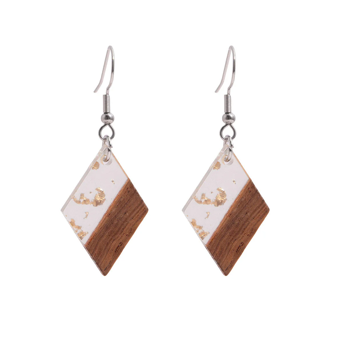 Clear Resin & Wood Silvertone Gold Foil Rhombus Hook Earrings