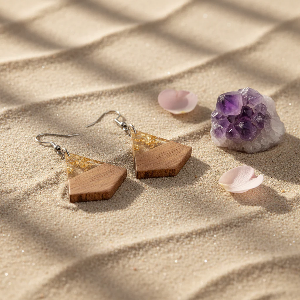 Clear Resin & Wood Silvertone Gold Foil Sheild Hook Earrings - Image 4