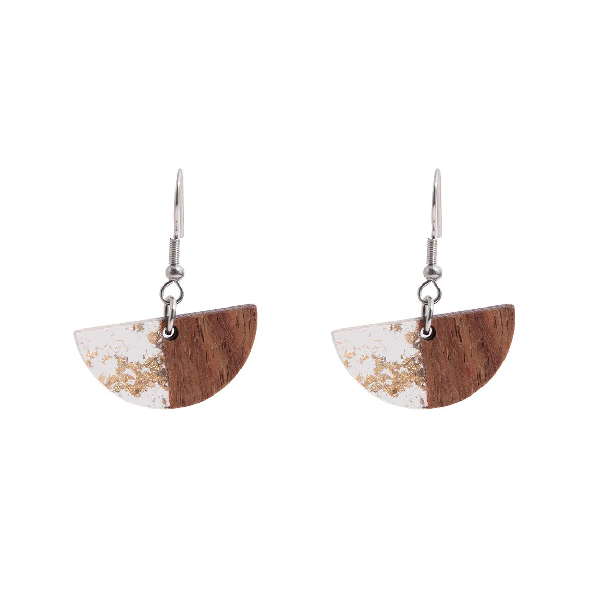 Clear Resin & Wood Silvertone Gold Foil Sector Hook Earrings