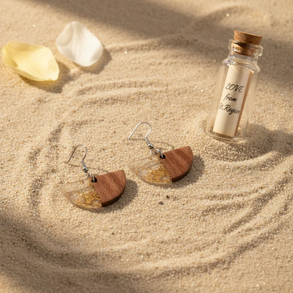 Clear Resin & Wood Silvertone Gold Foil Sector Hook Earrings - Image 2