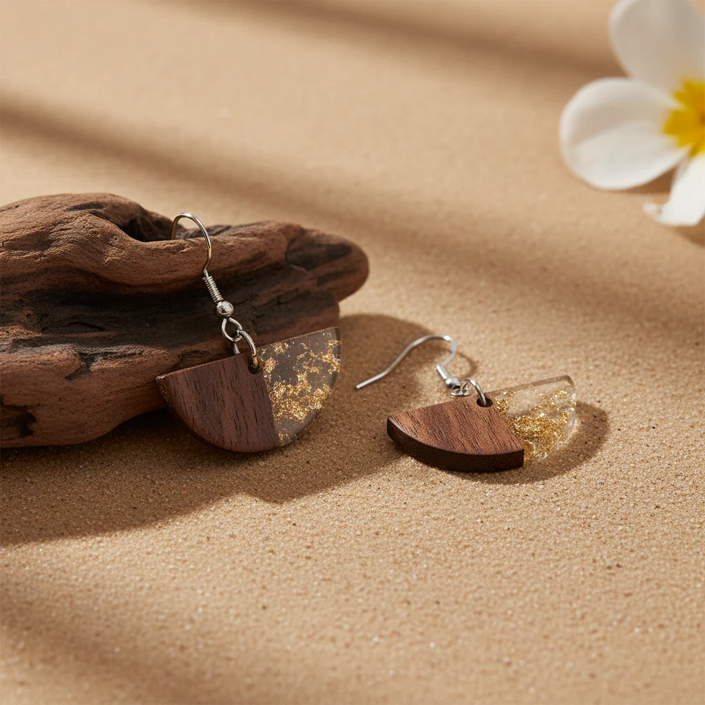 Clear Resin & Wood Silvertone Gold Foil Sector Hook Earrings - Image 3