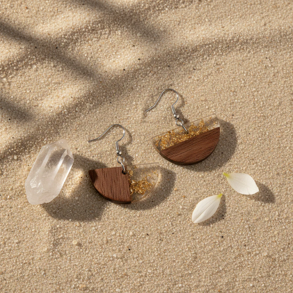 Clear Resin & Wood Silvertone Gold Foil Sector Hook Earrings - Image 4