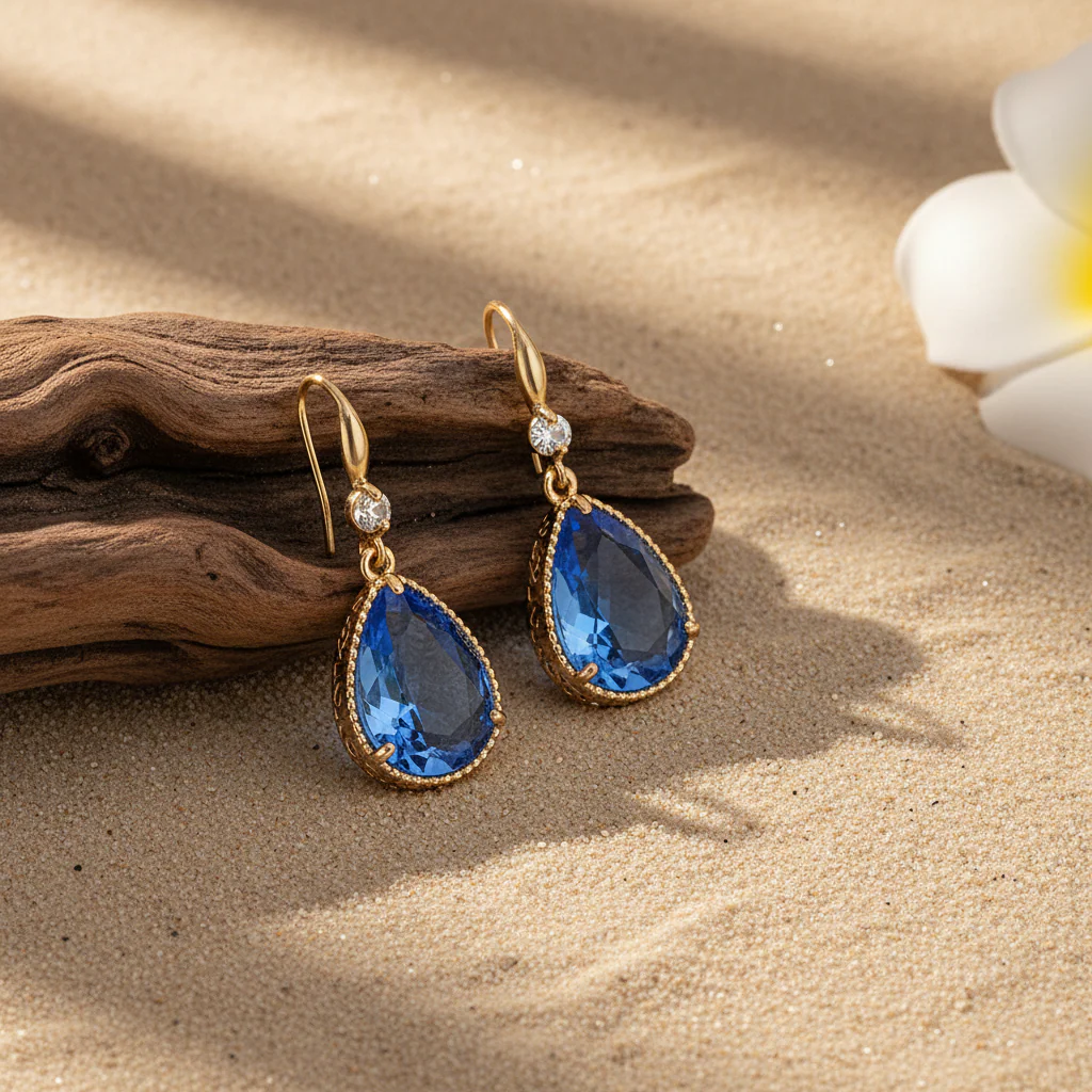 Blue Crystal & Cubic Zirconia Goldtone Teardrop Hook Earrings - Image 3