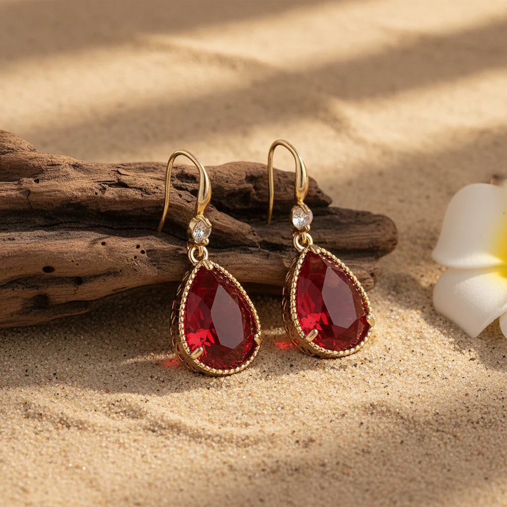 Red Crystal & Cubic Zirconia Goldtone Teardrop Hook Earrings - Image 3