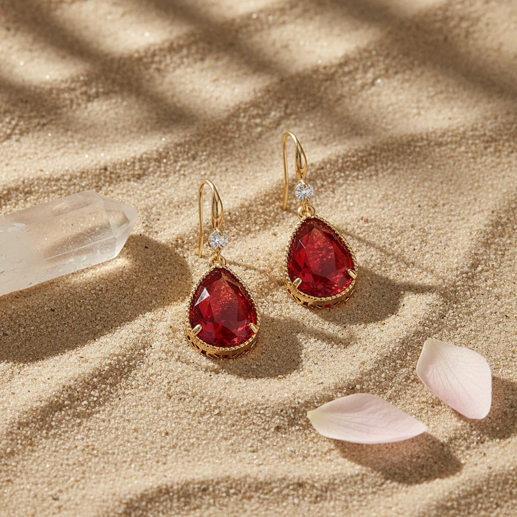 Red Crystal & Cubic Zirconia Goldtone Teardrop Hook Earrings - Image 4