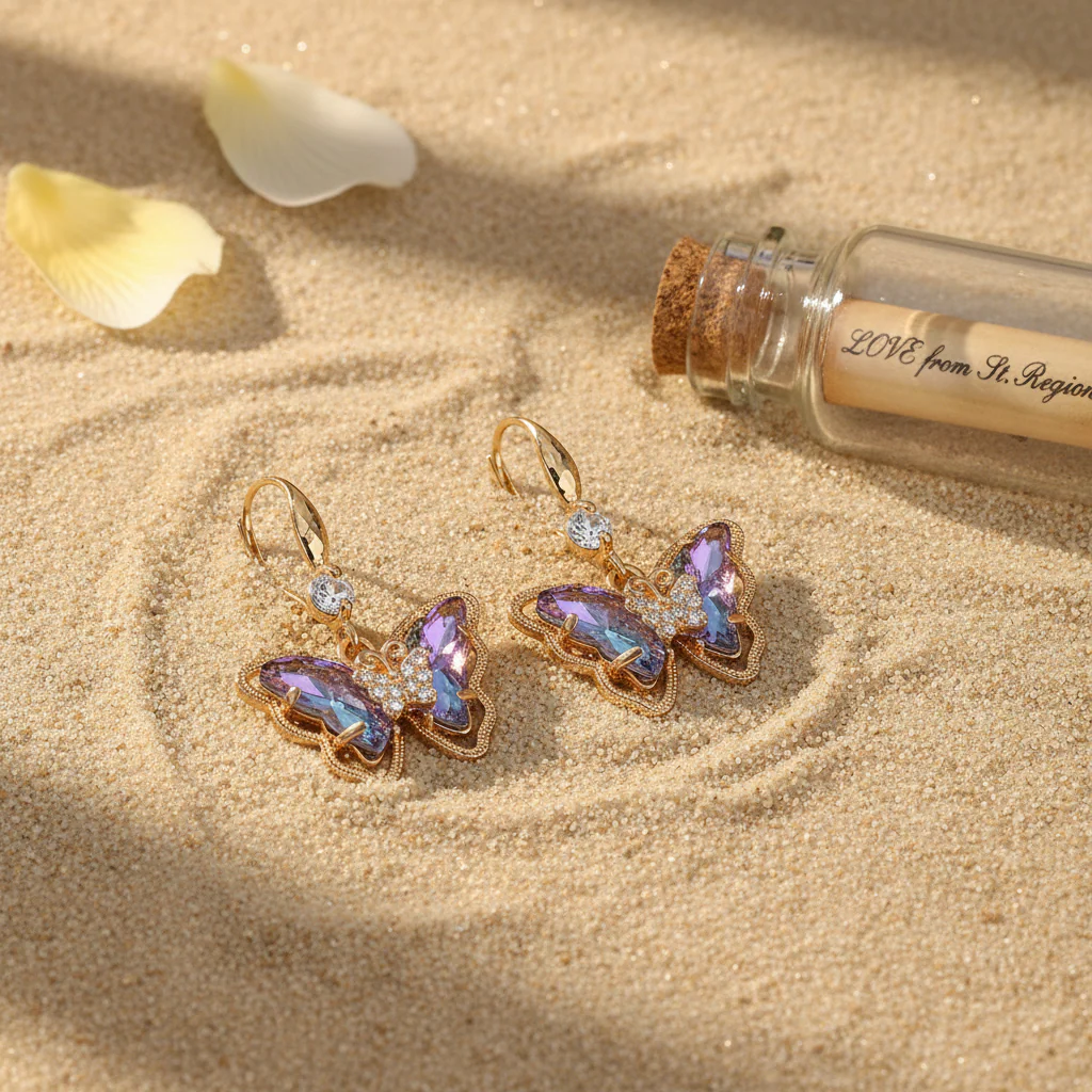 Purple Crystal & Cubic Zirconia Goldtone Butterfly Hook Earrings - Image 2