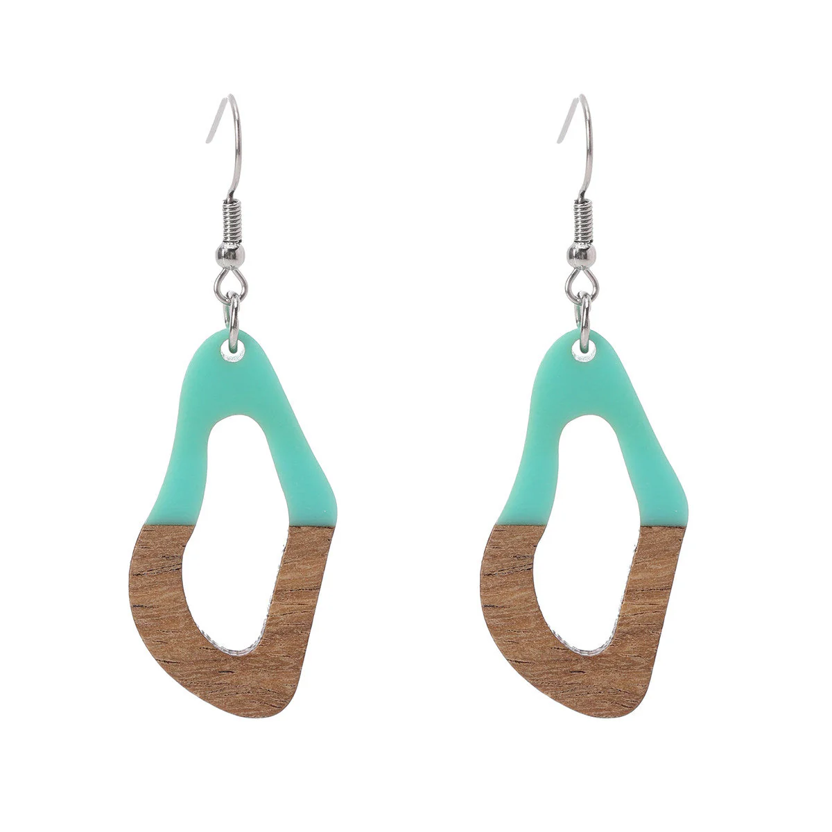 Green Resin & Wood Silvertone Irregular Teardrop Hook Earrings