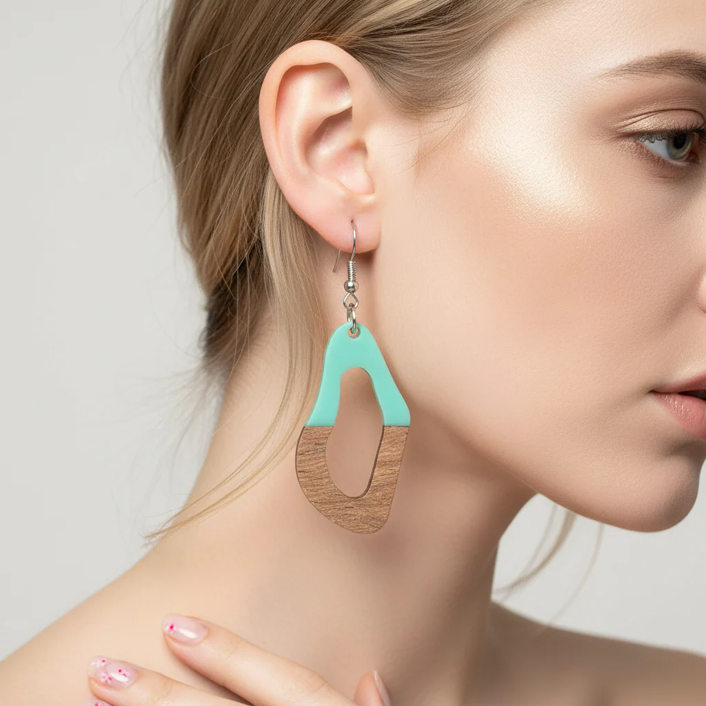 Green Resin & Wood Silvertone Irregular Teardrop Hook Earrings - Image 5
