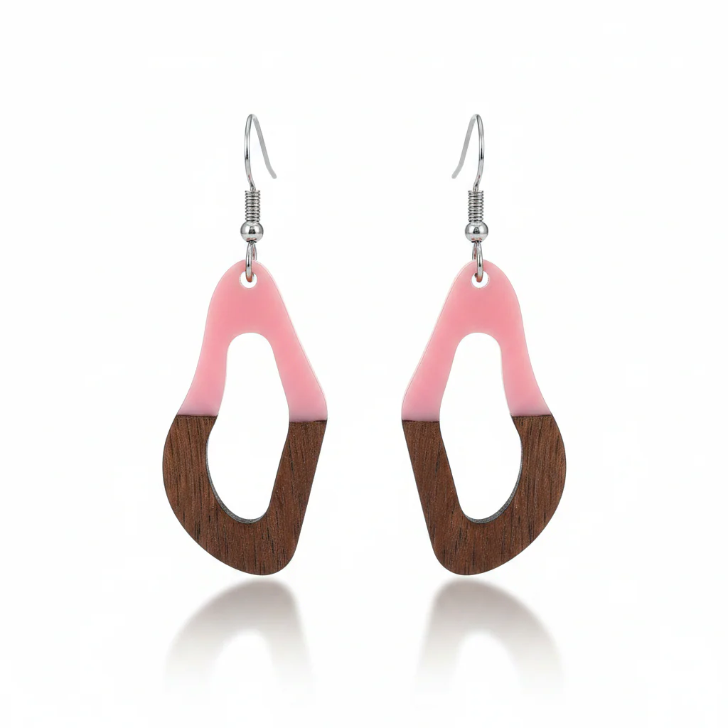 Pink Resin & Wood Silvertone Irregular Teardrop Hook Earrings
