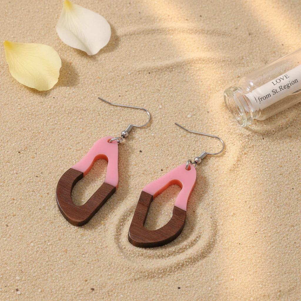 Pink Resin & Wood Silvertone Irregular Teardrop Hook Earrings - Image 2