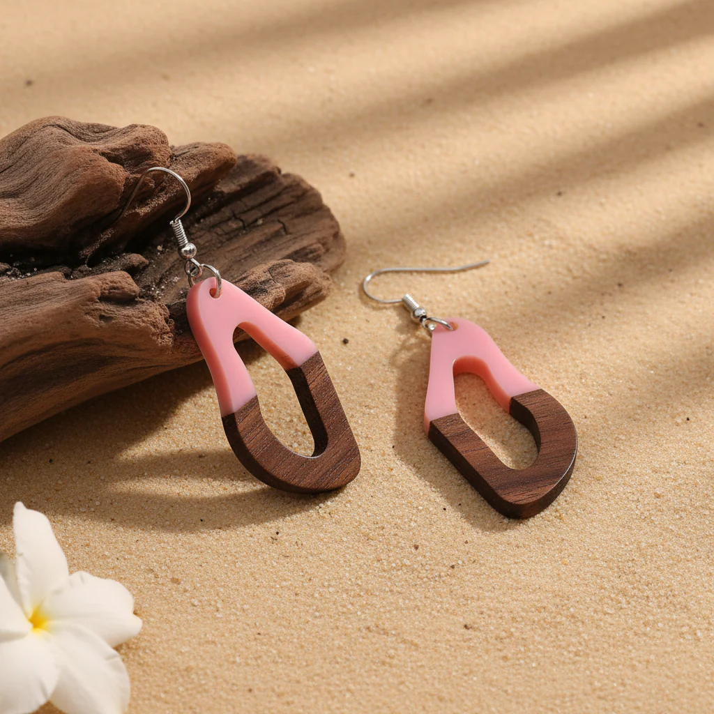 Pink Resin & Wood Silvertone Irregular Teardrop Hook Earrings - Image 3
