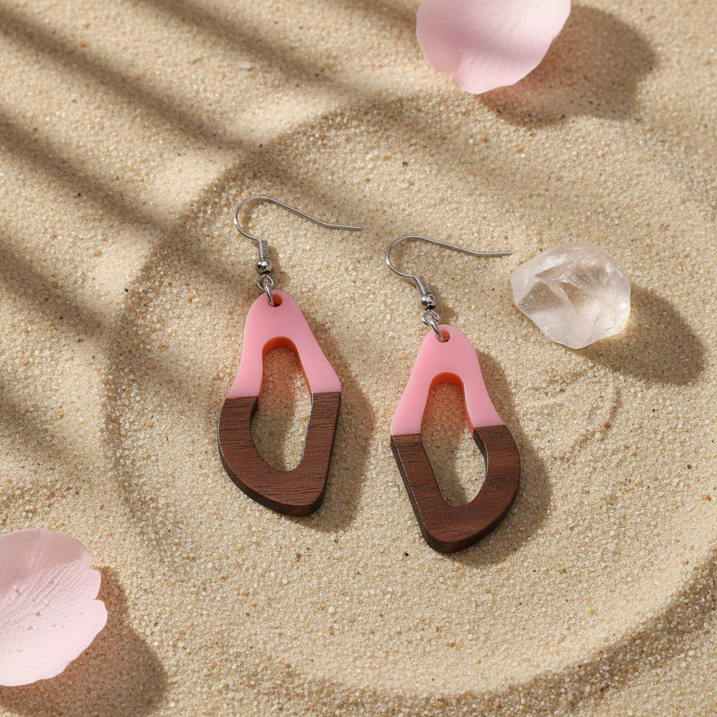 Pink Resin & Wood Silvertone Irregular Teardrop Hook Earrings - Image 4