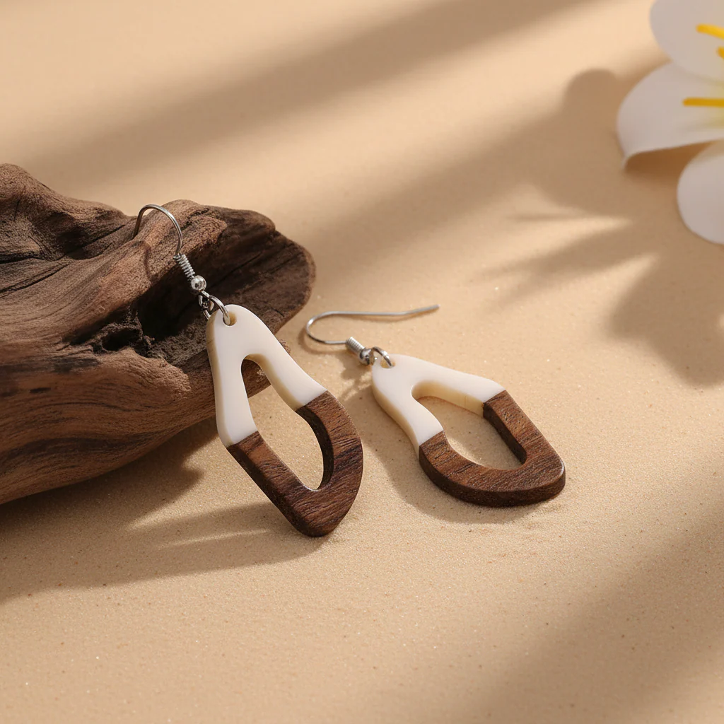 White Resin & Wood Silvertone Irregular Teardrop Hook Earrings - Image 3