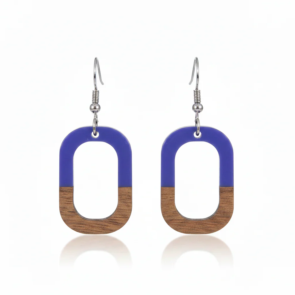 Purple Resin & Wood Silvertone Open Rectangle Hook Earrings