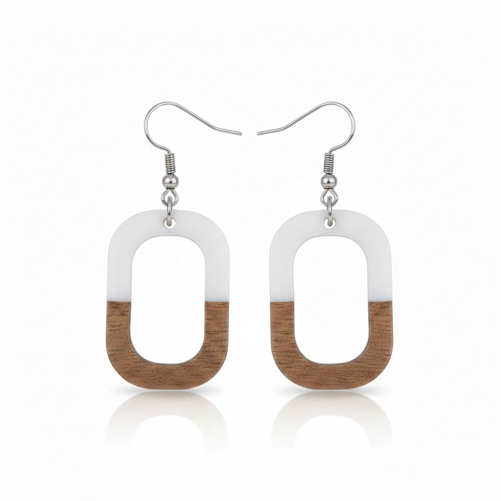 White Resin & Wood Silvertone Open Rectangle Hook Earrings