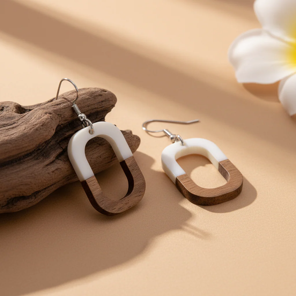 White Resin & Wood Silvertone Open Rectangle Hook Earrings - Image 3