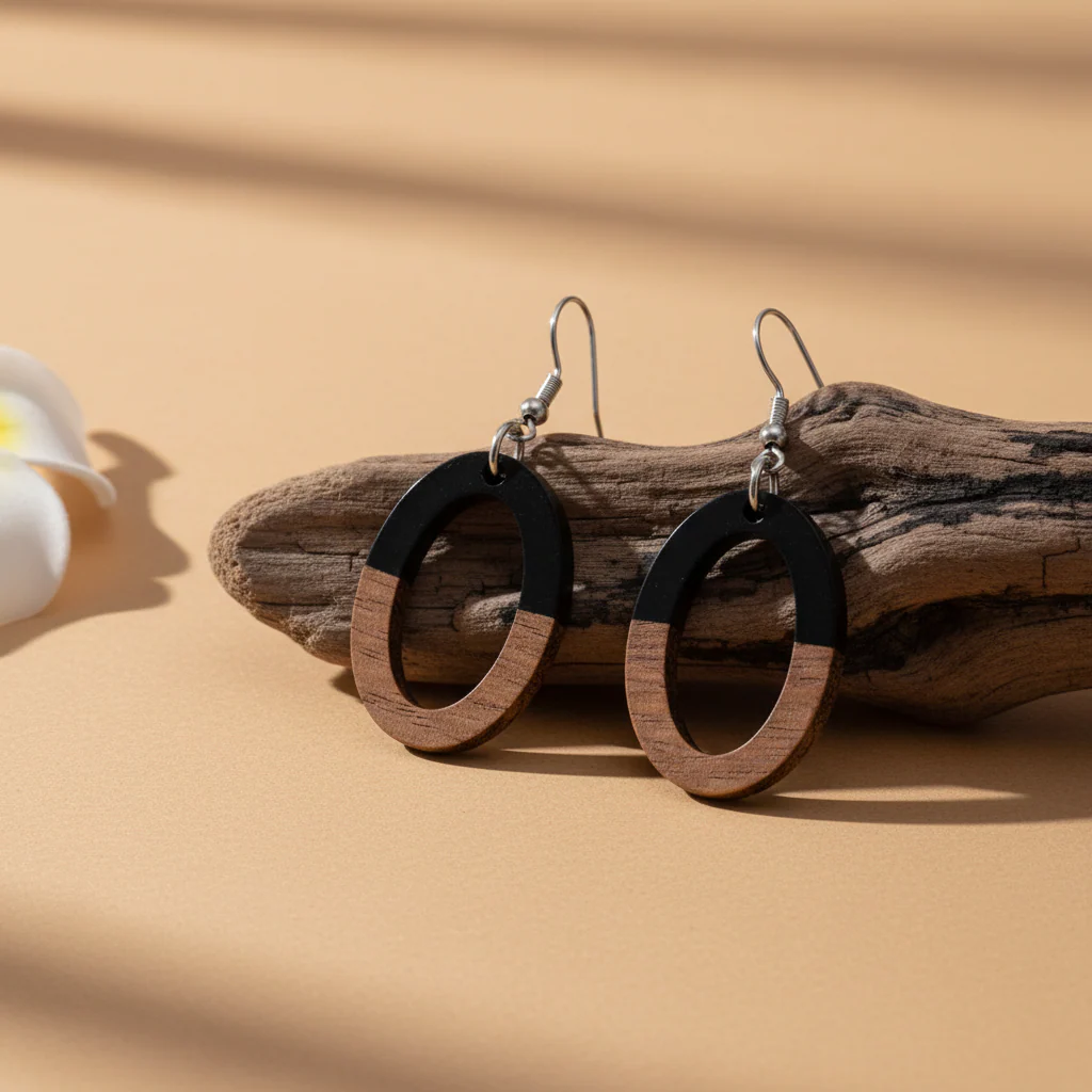 Black Resin & Wood Silvertone Open Oval Hook Earrings - Image 3