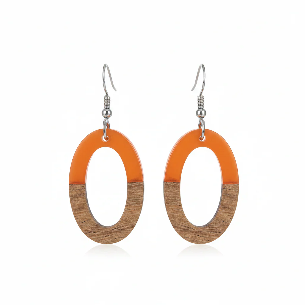 Orange Resin & Wood Silvertone Open Oval Hook Earrings