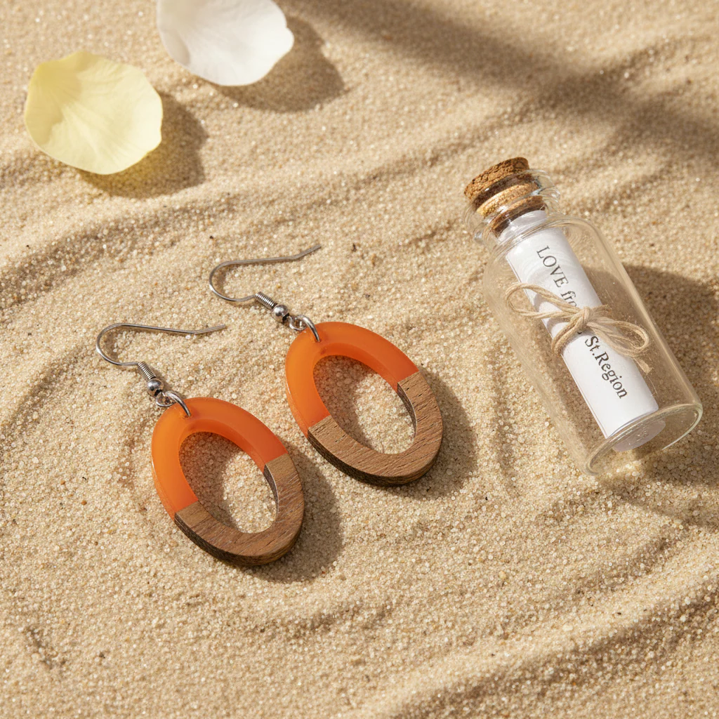 Orange Resin & Wood Silvertone Open Oval Hook Earrings - Image 2