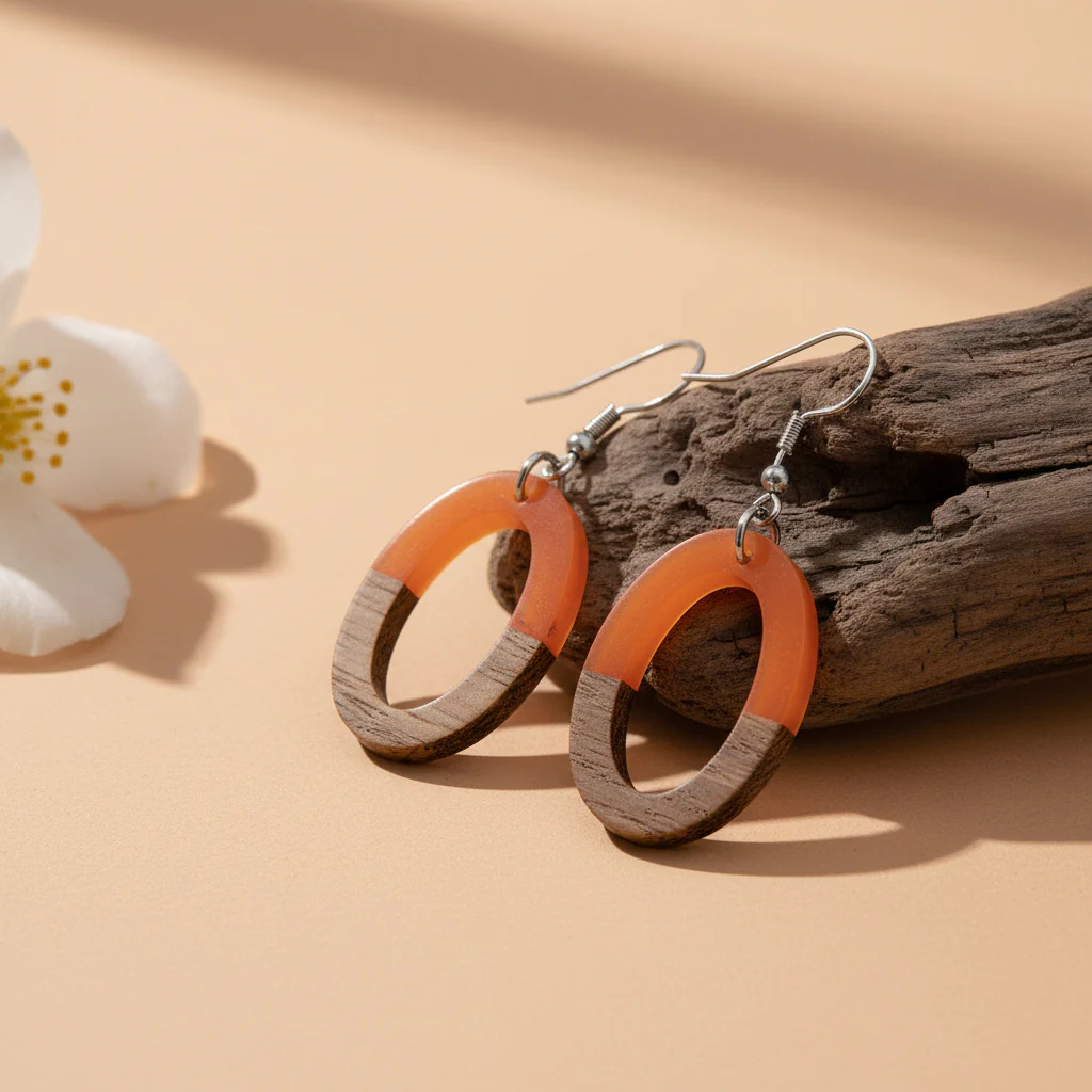 Orange Resin & Wood Silvertone Open Oval Hook Earrings - Image 3