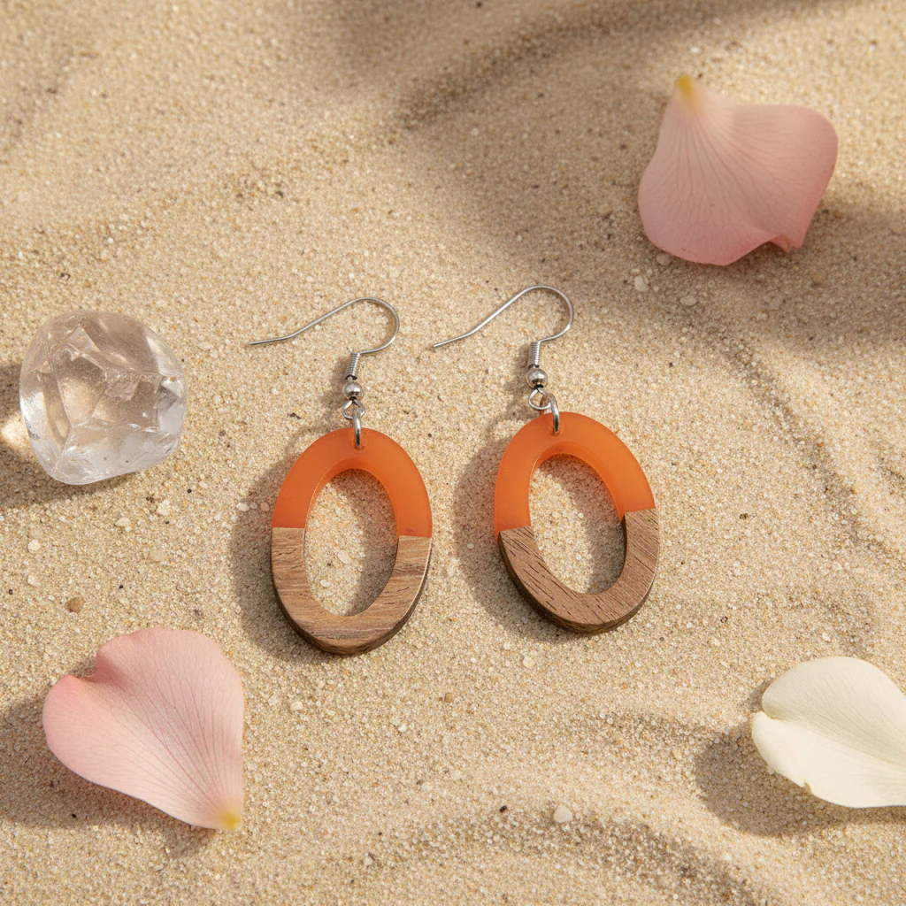 Orange Resin & Wood Silvertone Open Oval Hook Earrings - Image 4