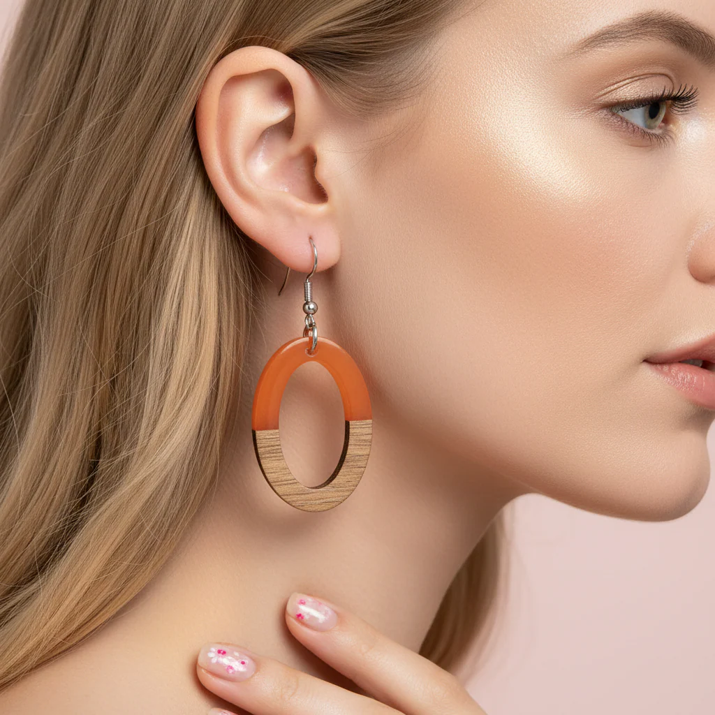 Orange Resin & Wood Silvertone Open Oval Hook Earrings - Image 5