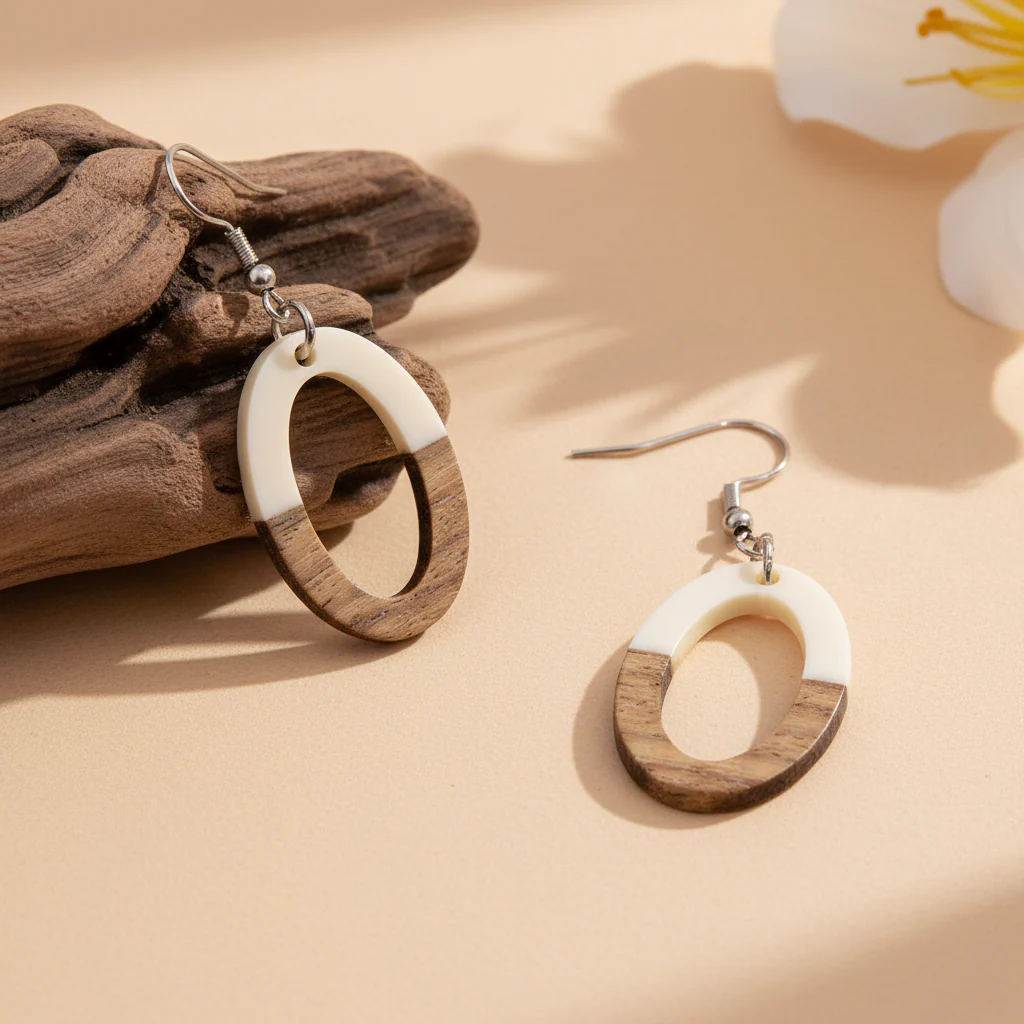 White Resin & Wood Silvertone Open Oval Hook Earrings - Image 3