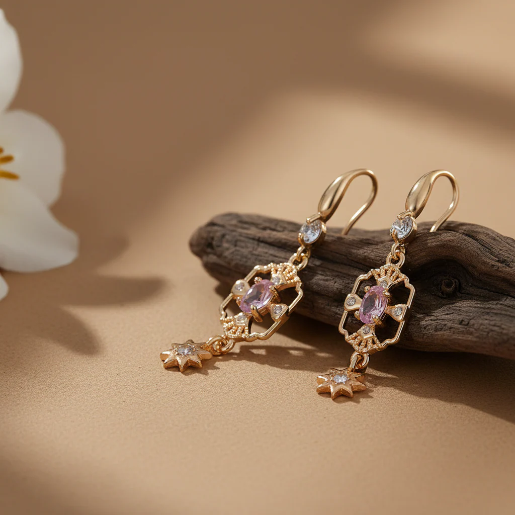Pink Crystal & Cubic Zirconia Goldtone Scalloped Edge Starburst Hook Earrings - Image 3
