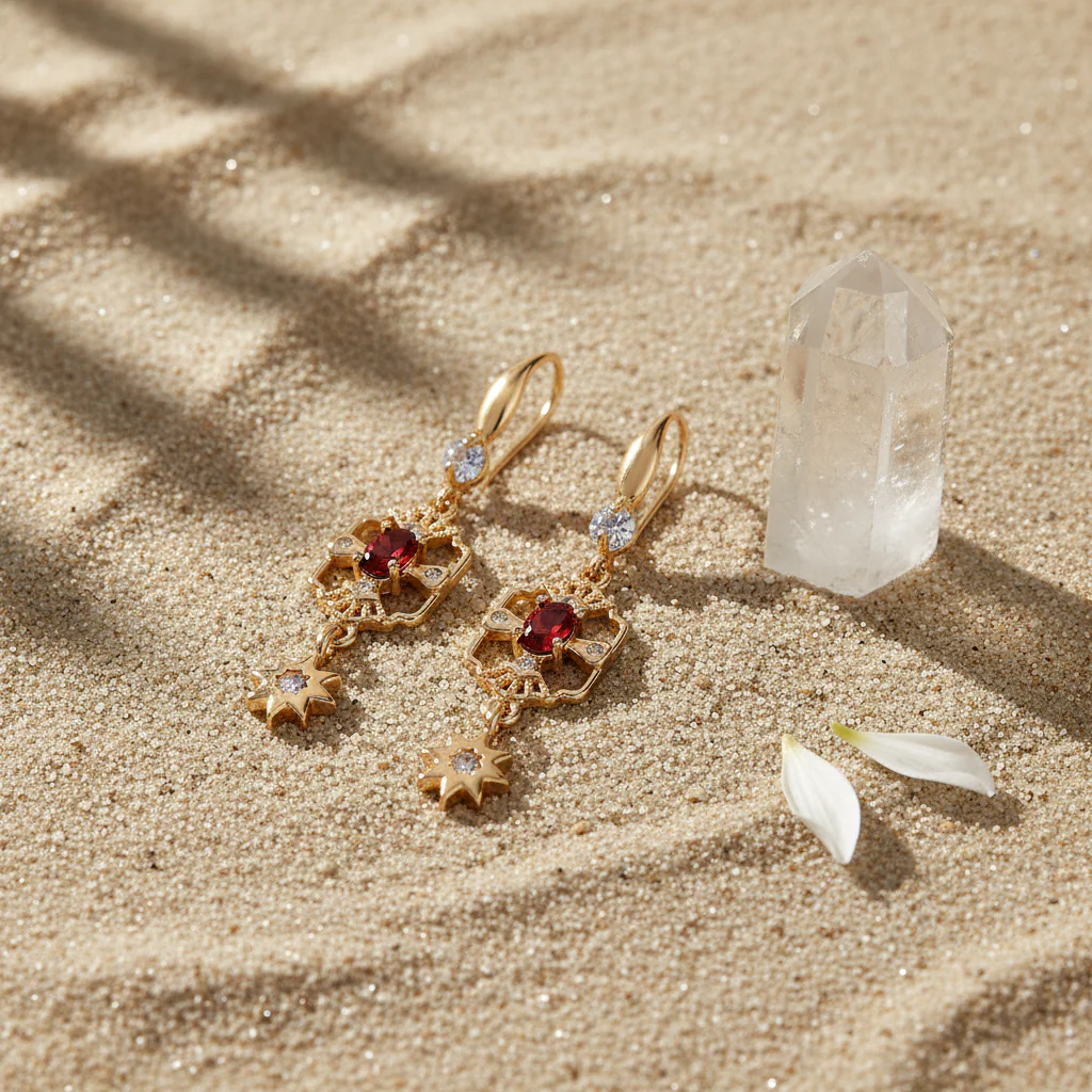 Red Crystal & Cubic Zirconia Goldtone Scalloped Edge Starburst Hook Earrings - Image 4