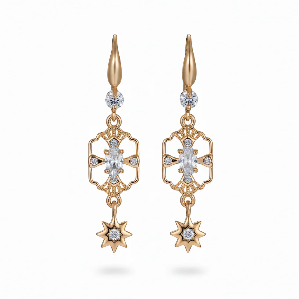 White Crystal & Cubic Zirconia Goldtone Scalloped Edge Starburst Hook Earrings