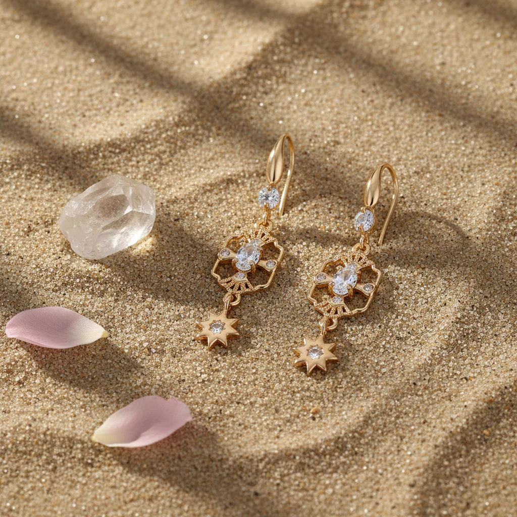 White Crystal & Cubic Zirconia Goldtone Scalloped Edge Starburst Hook Earrings - Image 4