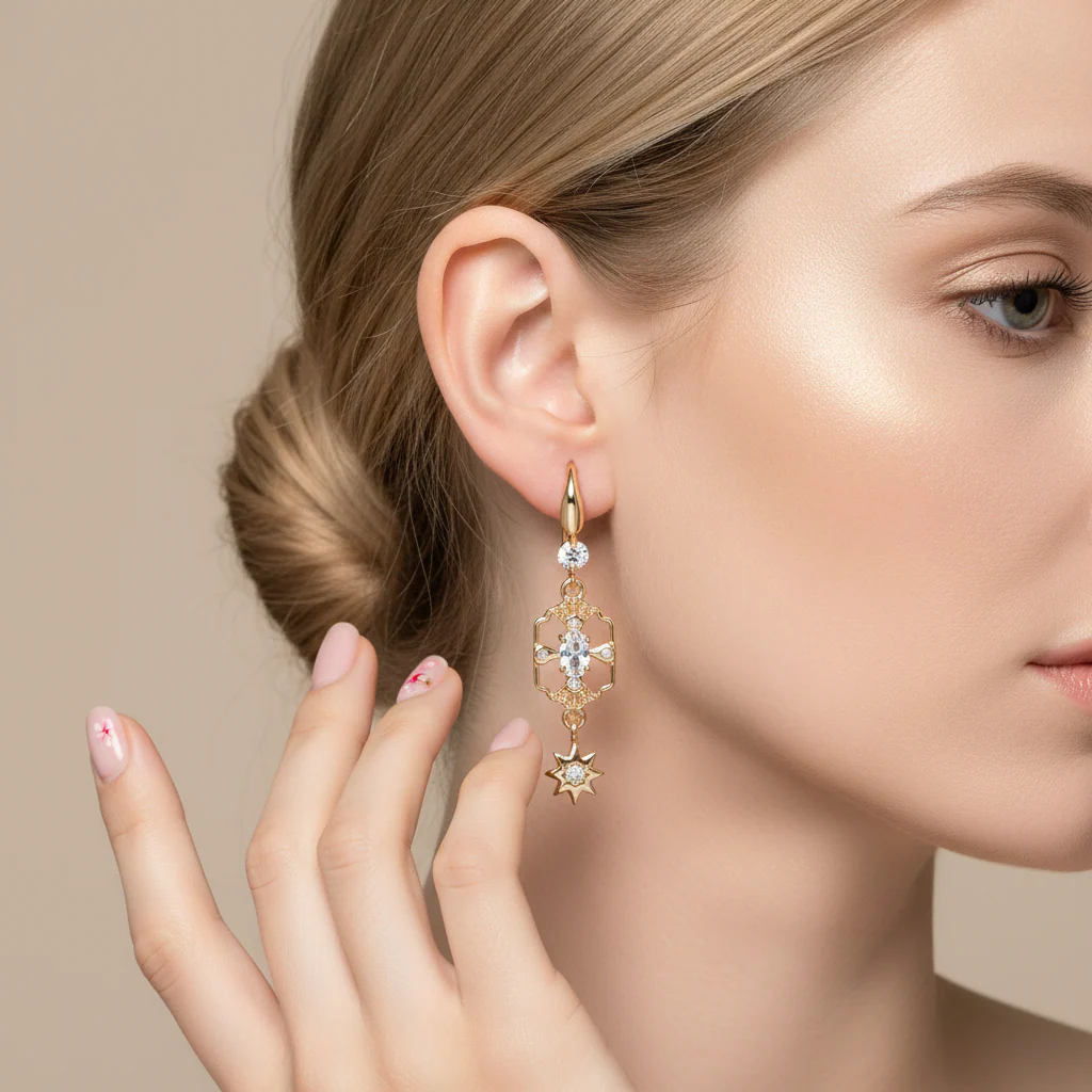 White Crystal & Cubic Zirconia Goldtone Scalloped Edge Starburst Hook Earrings - Image 5
