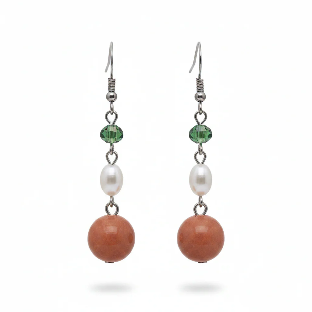 Orange Jade & Pearl Crystal Silvertone Ball Hook Earrings