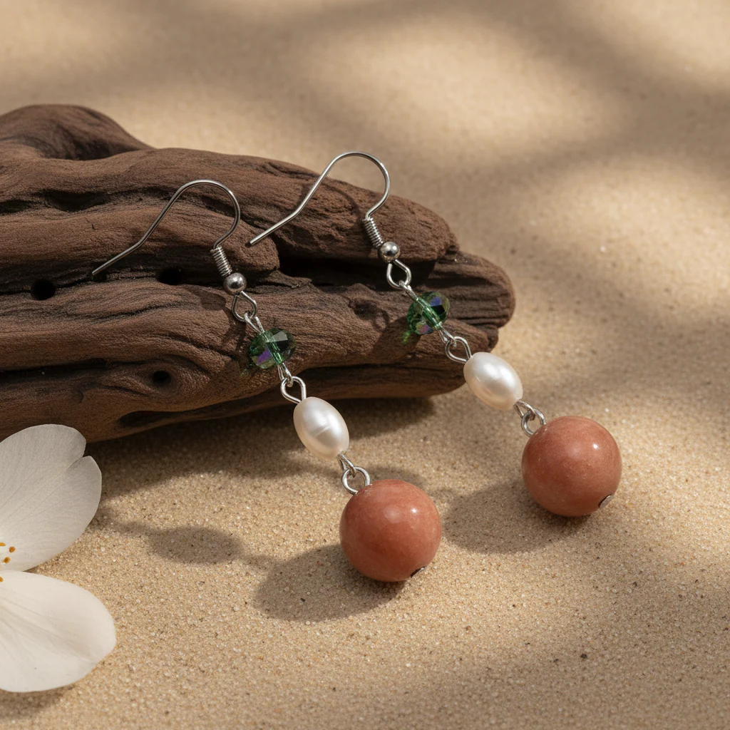 Orange Jade & Pearl Crystal Silvertone Ball Hook Earrings - Image 3