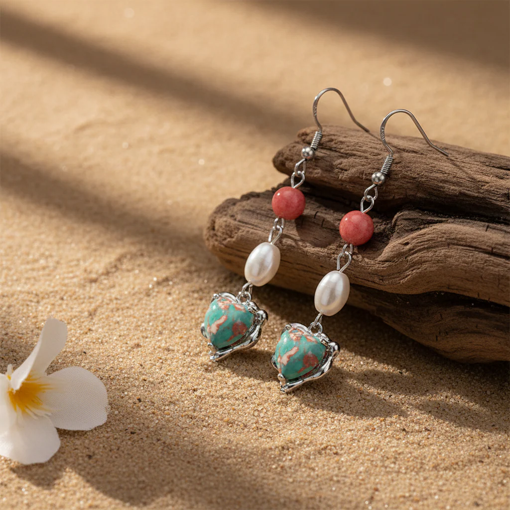 Pink Jade & Turqouise Pearl Silvertone Heart Hook Earrings - Image 3