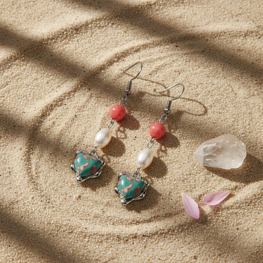 Pink Jade & Turqouise Pearl Silvertone Heart Hook Earrings - Image 4