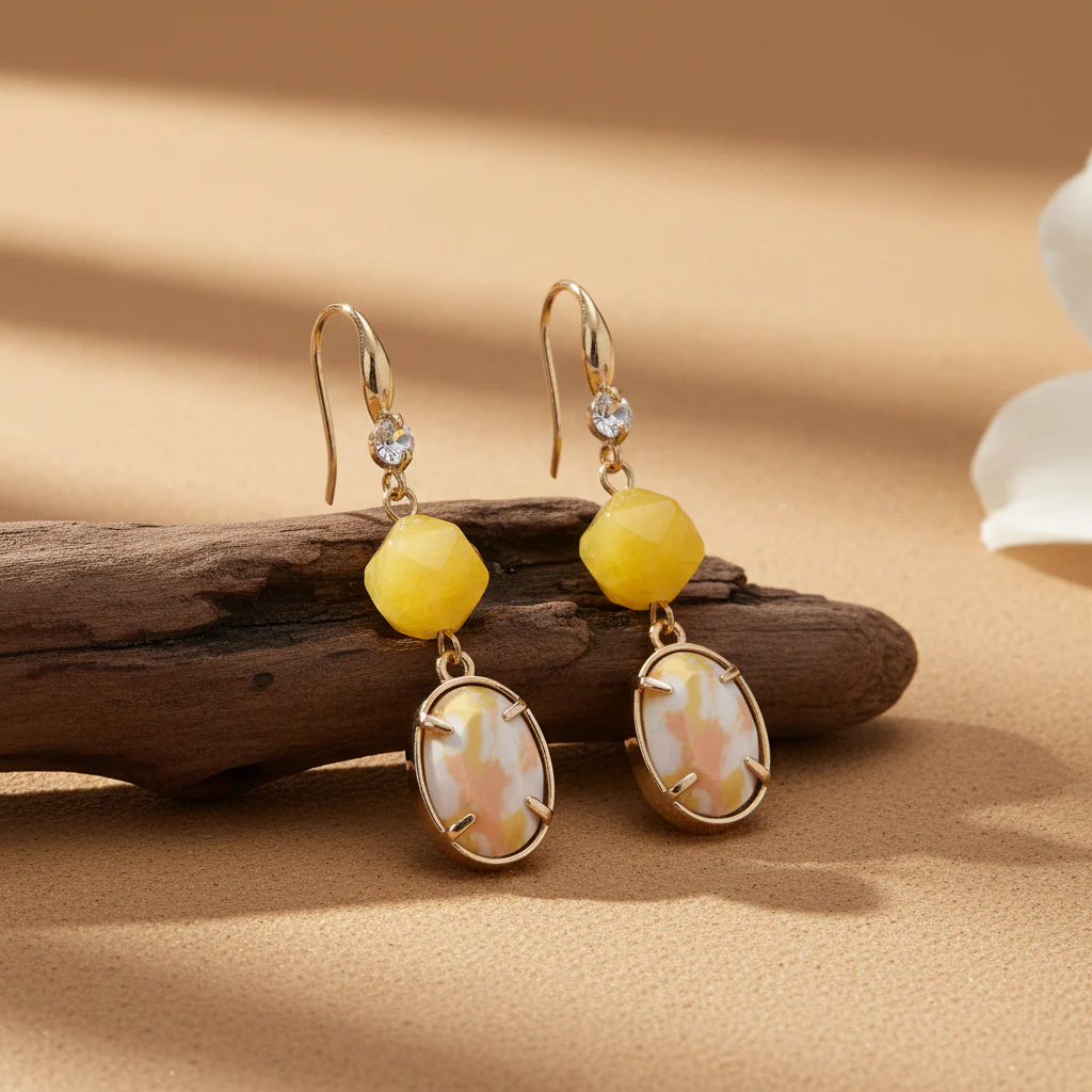 Yellow Turqouise & Jade Cubic Zirconia Goldtone Oval Round Hook Earrings - Image 3