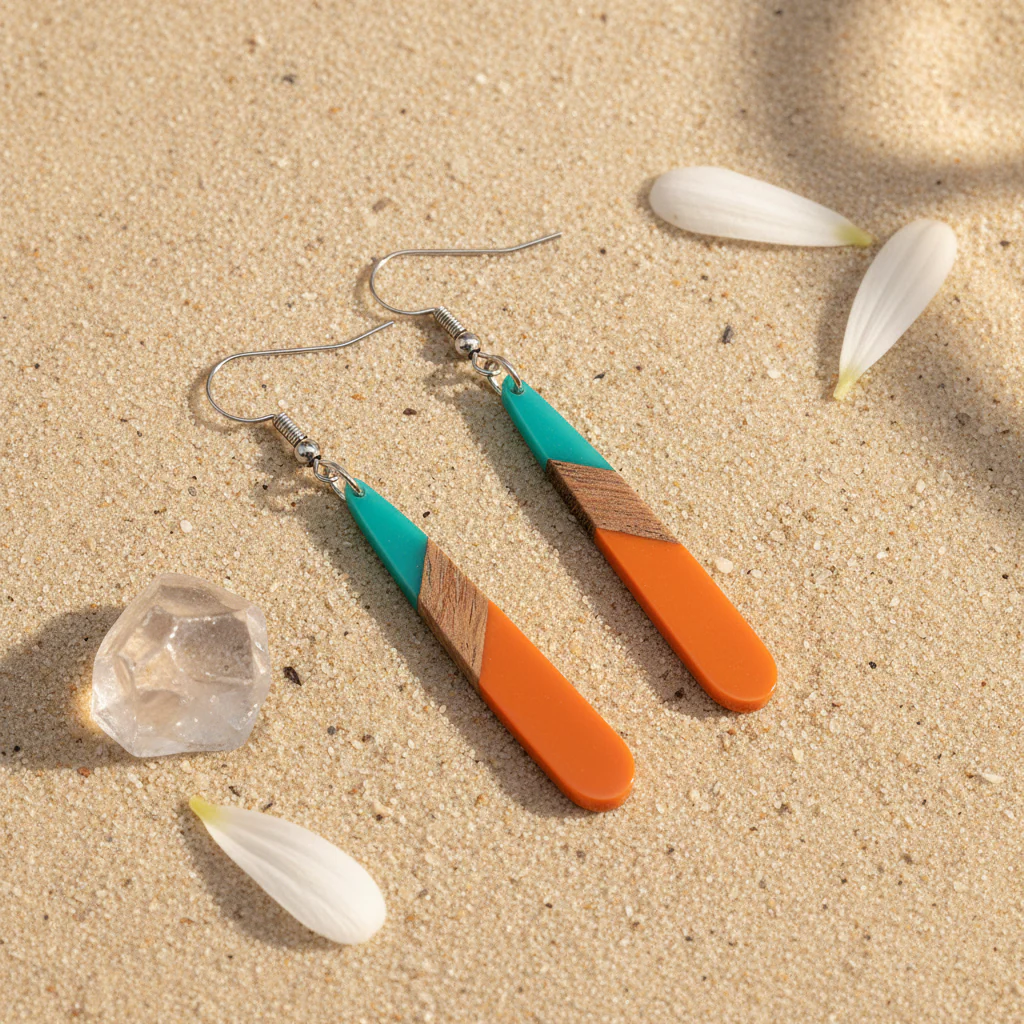 Mint Green & Orange Resin Wood Silvertone Teardrop Hook Earrings - Image 4