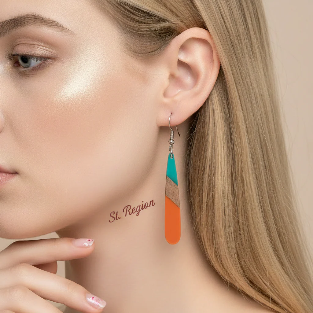Mint Green & Orange Resin Wood Silvertone Teardrop Hook Earrings - Image 5