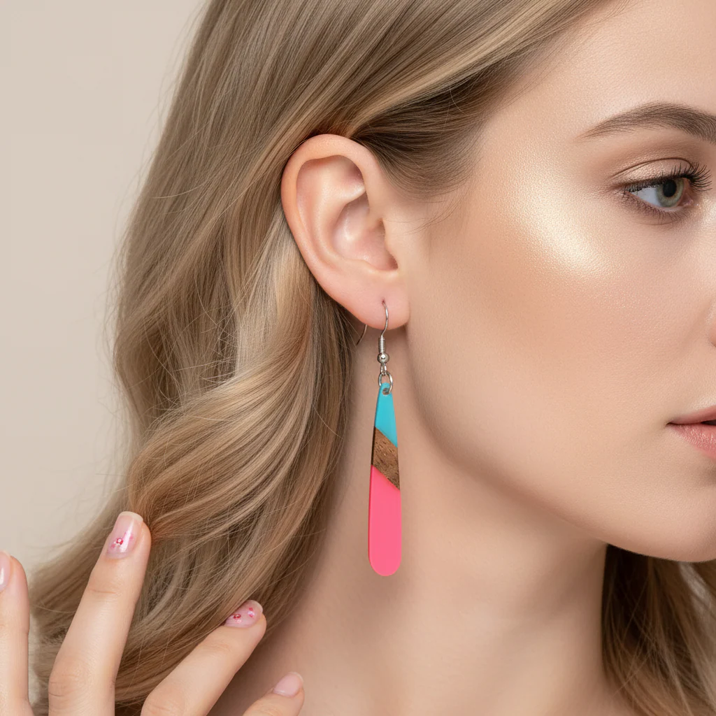 Cyan & Rose Resin Wood Silvertone Teardrop Hook Earrings - Image 5