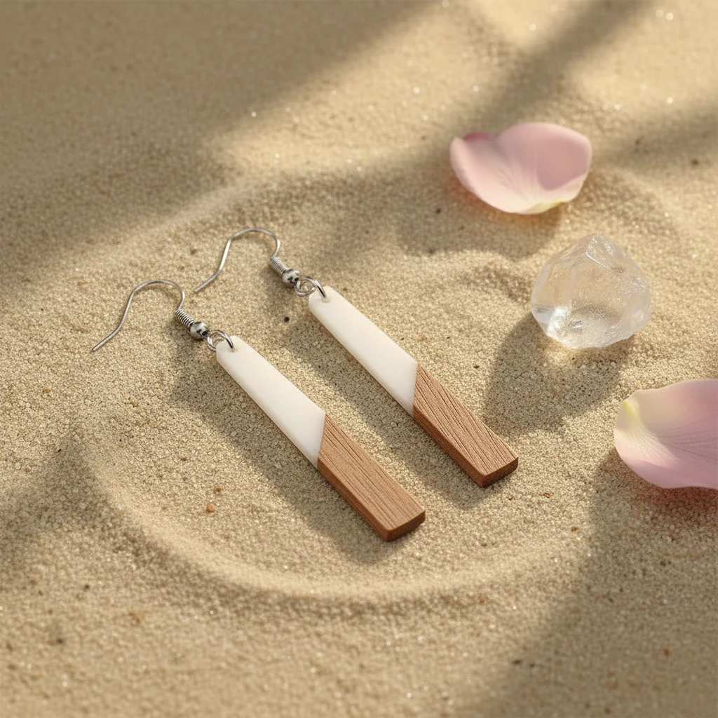 White Resin & Wood Silvertone Elongated Trapezoid Hook Earrings - Image 3