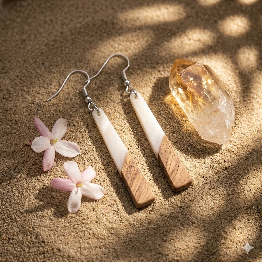 White Resin & Wood Silvertone Elongated Trapezoid Hook Earrings - Image 4