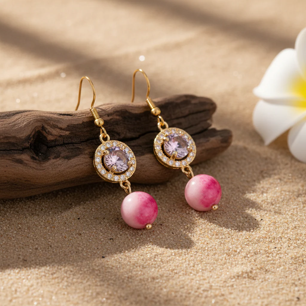 Pink Quartz & Crystal Cubic Zirconia Goldtone Ball Hook Earrings - Image 3