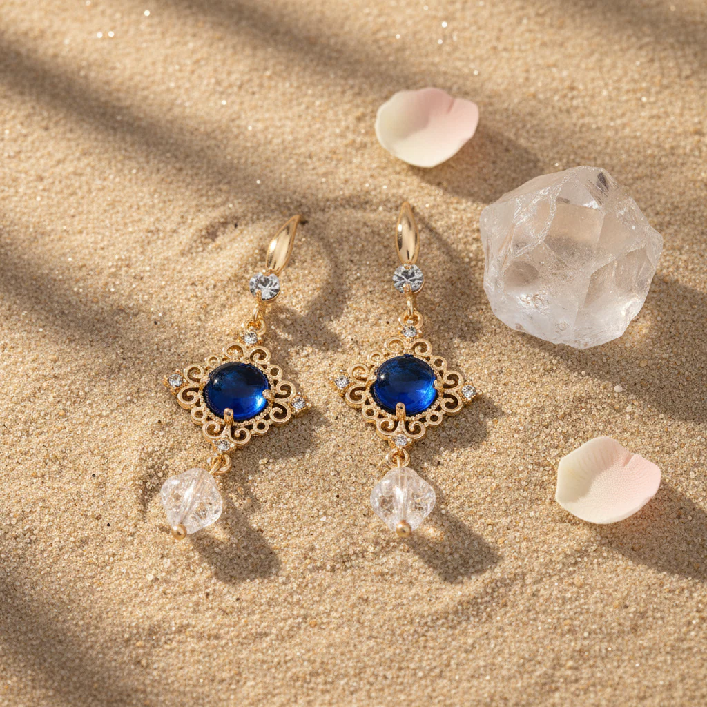 Blue Quartz & Crystal Cubic Zirconia Goldtone Rhombus Hook Earrings - Image 4