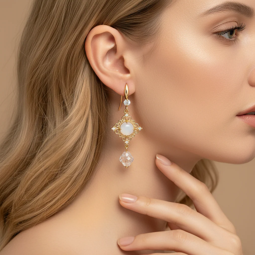 White Quartz & Crystal Cubic Zirconia Goldtone Rhombus Hook Earrings - Image 5